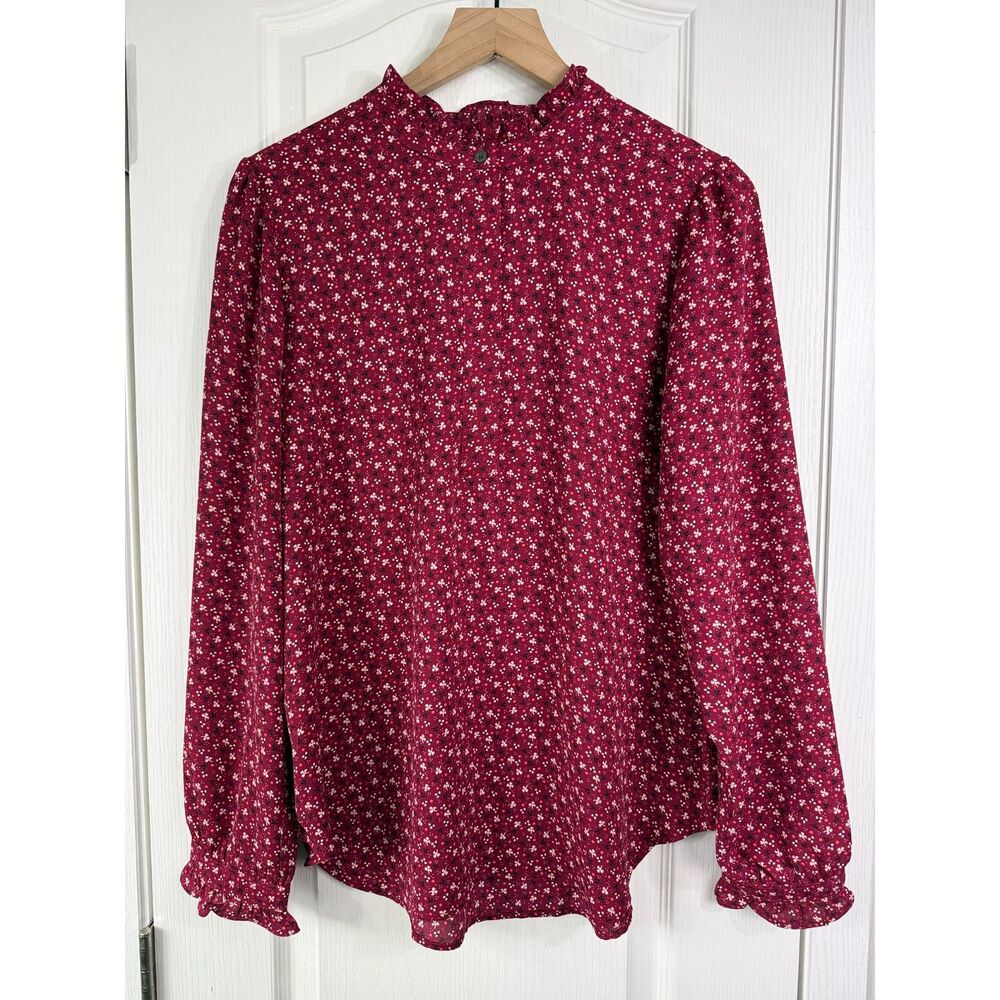 LOFT Women’s L Burgundy Floral Ruffle Neck Popover Blouse Long Sleeve